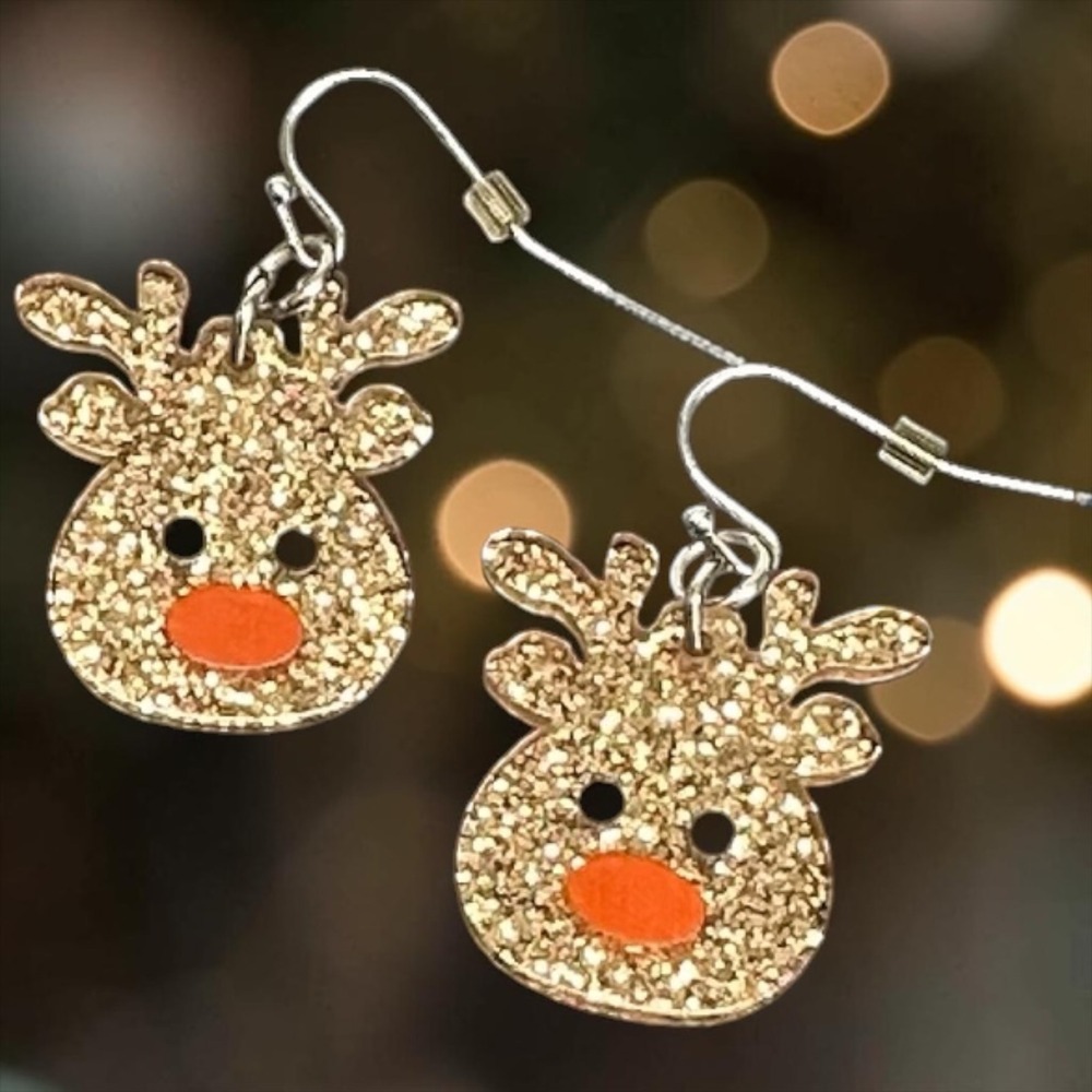 Glitter Reindeer Earrings‎ Christmas Holiday Dangle Rudolph Silver Tone